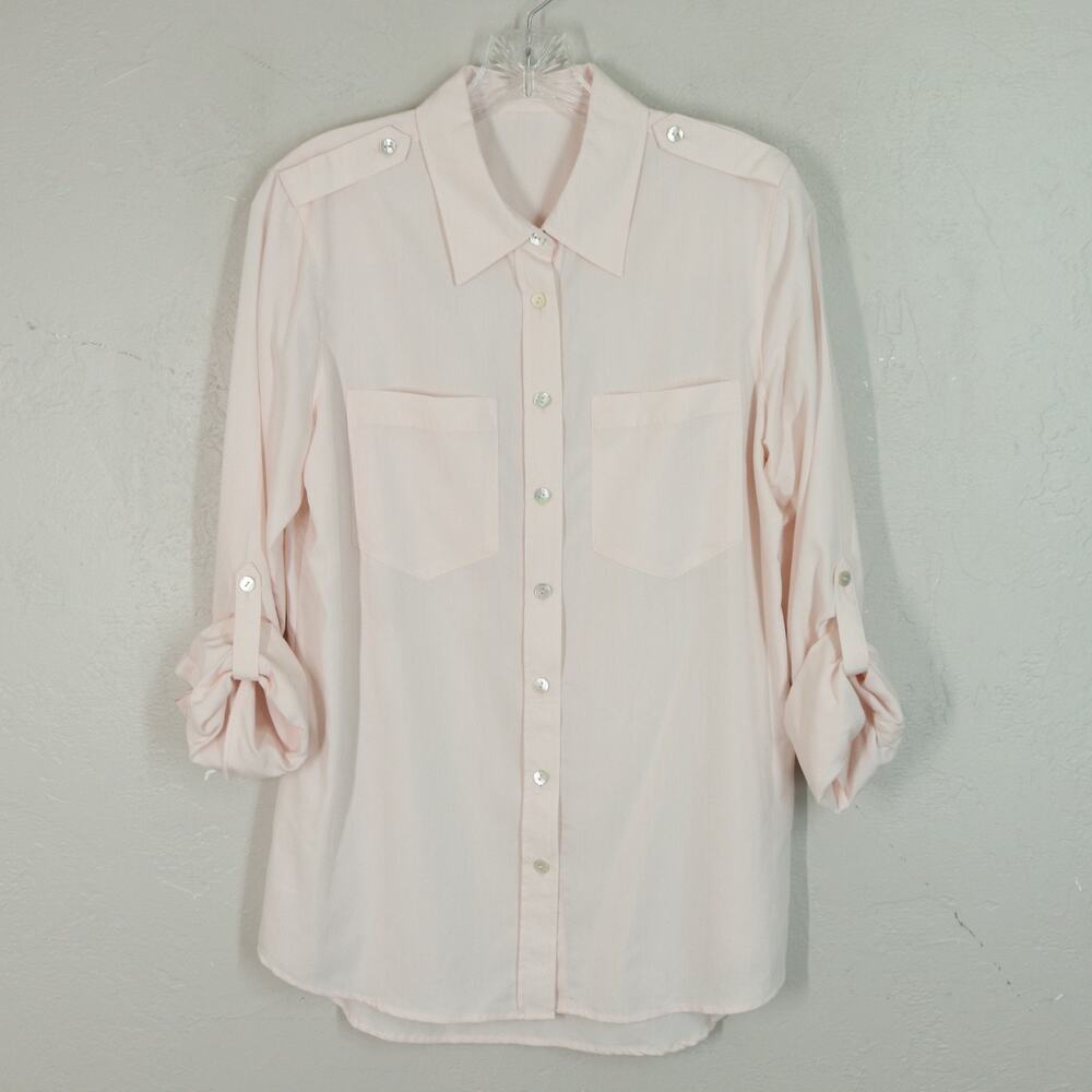 CHICOS 1 "Secret Silk" Top Blouse Top M 8 Pink Roll Tab Sleeve Button Up Pockets